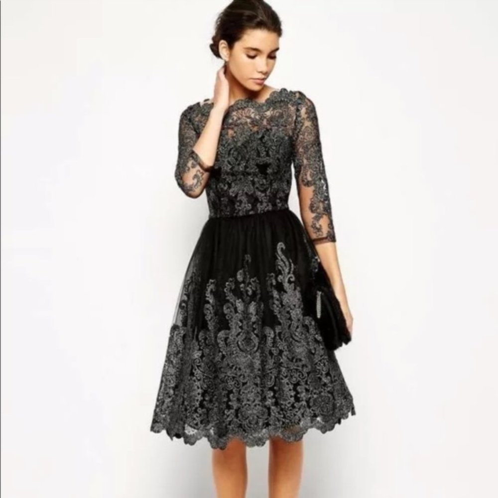 Chi Chi London Gilded Grace Lace Noir Black Dress, size 4, Silver and Black